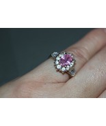 10K Yellow Gold Oval Pink Stone &amp; Cubic Zirconia Halo Ring Size 6.5 - $255.28 CAD