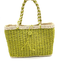 Natural Weave Straw Tote Bag Chartreuse Green Zip Top Beachy Travel Vacation  - £19.49 GBP