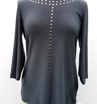 Trendy Solid Charcoal 3/4 Sleeve Stud Embellished Top by Picadilly - £34.21 GBP