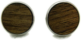 Wood Cuff Link Engraveable Bullet Round 1&quot; x 3/4&quot; Silver Tone Men Cufflinks - £11.60 GBP