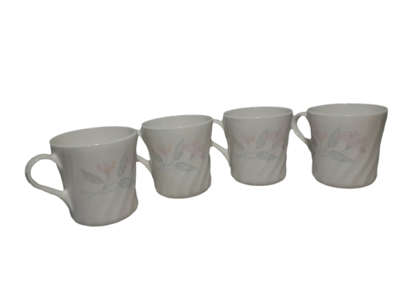 4 Corelle Corning Mugs, Coffee Cup, Pink Trio Pattern, Swirl, White Pink Floral
