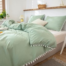Sage Green Comforter Set Queen Boho Comforter Dark Sea Green Pom Pom Fringe Farm - £70.76 GBP