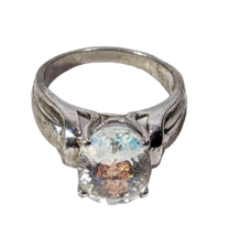 Vintage 1980s Silver Tone Cocktail Ring Faceted Crystal Metal Prongs Size 8 - £14.52 GBP