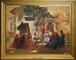 French Genre scene Street snake charmer 19th century Oil painting by Lecurieux - $8,200.00