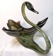 Vintage Green &amp; Brown Slag Stretch Art Glass Swan Bowl Candy Dish Vase - £39.95 GBP