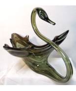 Vintage Green &amp; Brown Slag Stretch Art Glass Swan Bowl Candy Dish Vase - £39.50 GBP
