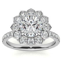  2.0 carat-  Round Flower Inspired Moissanite Halo Engagement Ring In 14K Gold - £910.87 GBP