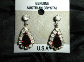 Genuine Austrian Crystal Post Dangle Earrings w Ruby Teardrop Glass Stone 1 1/2&quot; - £12.04 GBP