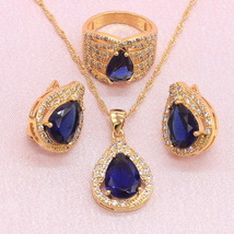 Wedding Gold Color Jewelry Sets For Women Royal Blue Crystal Exquisite Earrings  - £23.83 GBP