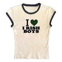 I LOVE IRISH BOY Y2k Crop Top Vintage Emo girl T-Shirts Slim Casual  Grunge Clot - £5.49 GBP