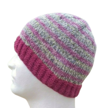 Handmade Wool Women&#39;s Beanie Hat Skully Thin Knit Faux Fair Isle Pink Hiking - £28.68 GBP