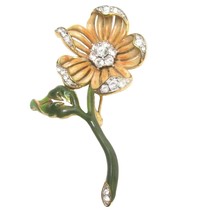 Vintage Nolan Miller Enamel Rhinestone Flower Brooch  Green Stem Gold Si... - £17.13 GBP
