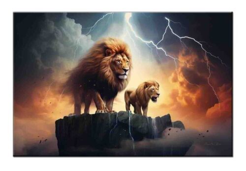 Thunderous Summit: Two Lions Roaring Amidst Lightning-Wall Decor-Best Giclee - £7.56 GBP - £17.13 GBP