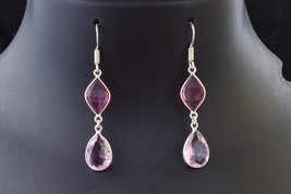 925 Sterling Silver Handmade Pink Quartz Pear Shape Women Vintage Earrings Gift - £40.42 GBP
