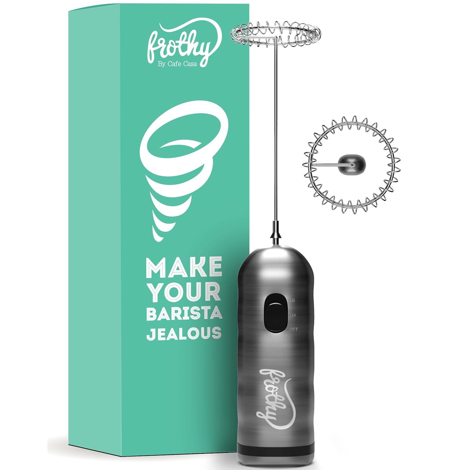 Caf Casa Milk Frother For Coffee - 2 Speed Handheld, Battery Operated, Stainless
