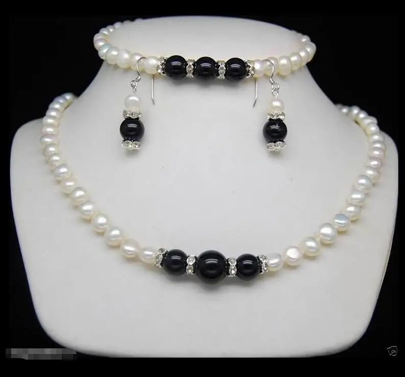 Hot sale new Natural 7-8mm White Pearl &amp; Black real R Gems Beads Necklace - £28.00 GBP