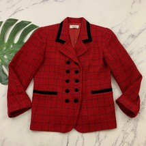 Worthington Womens Vintage 90s Blazer Jacket M Red Plaid Tweed Velvet Ac... - $31.67