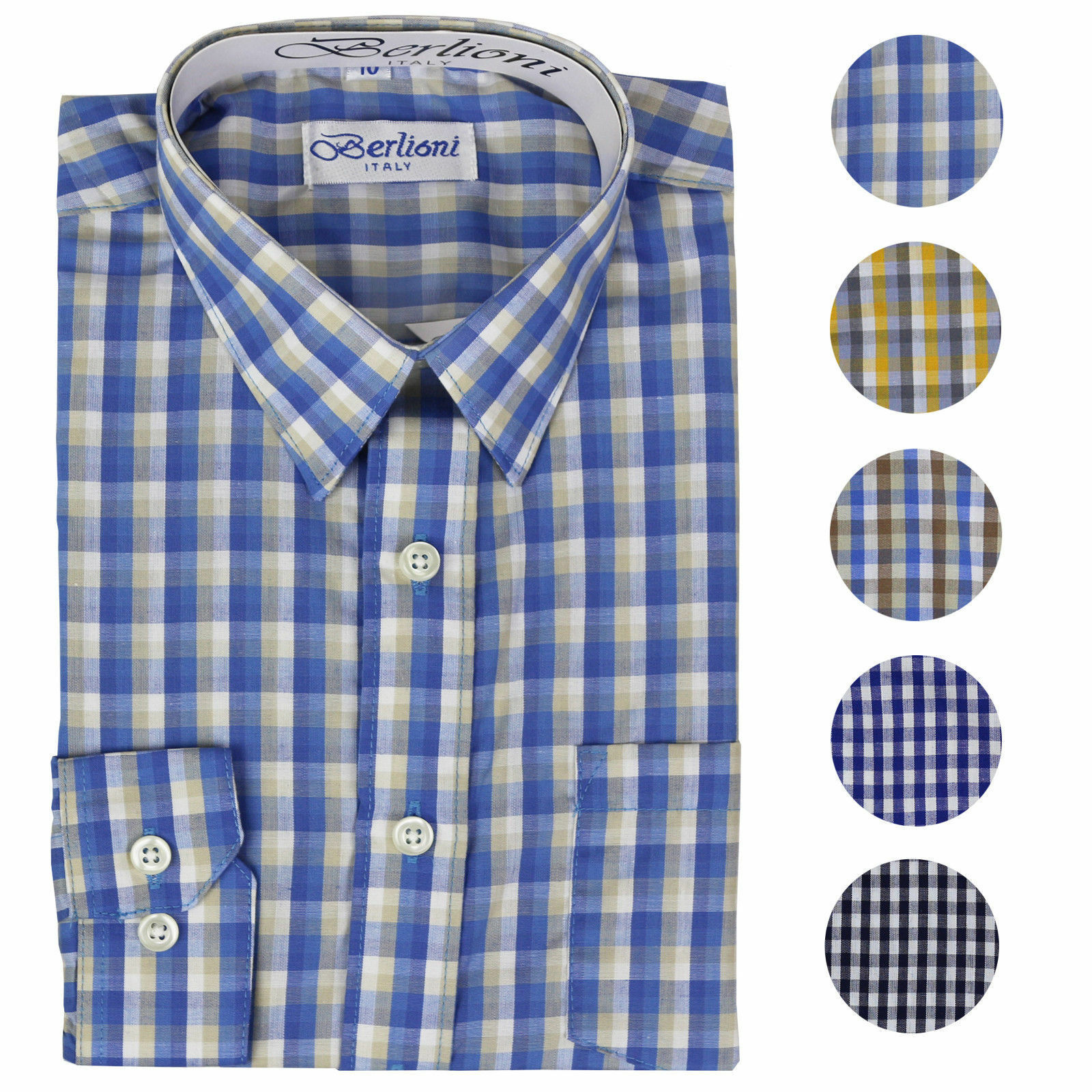 Berlioni Italy Boys Junior Kids Toddler Checkered Long Sleeve Dress Shirt - £19.31 GBP