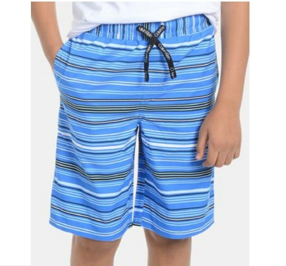 Calvin Klein Big Boys M 10 12 Prince Blue Stripe Volley Swimsuit Swim Trunks NWT - $16.82