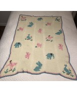 Vintage Hand Crochet Baby Blanket 38x54 Ducks Kitties Bunnies - £24.24 GBP