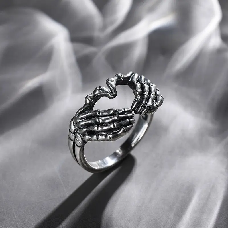 Punk Gothic Silver Plated Hand with Heart Rings for Men Creative Skeleton Couple - $14.50