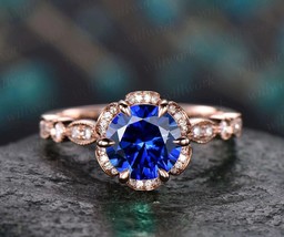Certified Natural Blue Sapphire Ring Astrological Rashi Ratna 14k Rose Gold Brid - £802.91 GBP