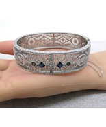 Antique Filigree Bangle Bracelet Blue Princess Rhinestones 5/8&quot; Rhodium ... - $122.18 CAD