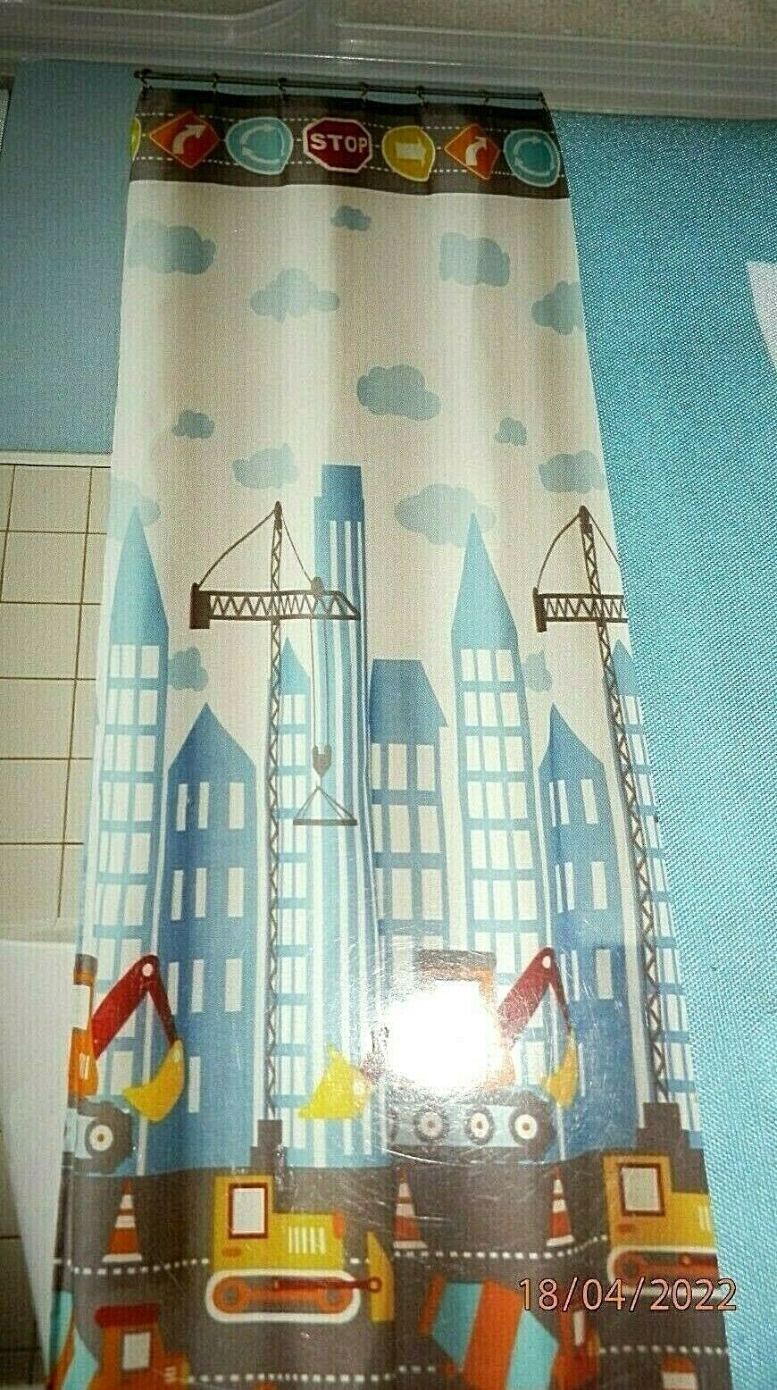 NEW Kids CONSTRUCTION ZONE Fabric SHOWER CURTAIN  Trucks Buildings Signs - £19.23 GBP