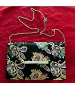 Black Satin Handbag w Multi Color Embroidery Floral Design Silvertone Chain - $24.97 CAD