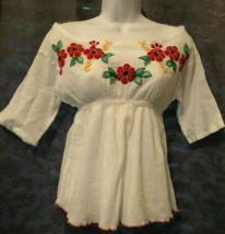 Womens Handmade Embroidered Flower Empire Waist White Blouse 3/4 Sleeves... - £7.04 GBP