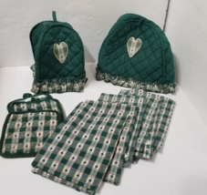 10 Pc Kitchen Towels Pot Holder Quilted Toaster Cover Green Hearts Country Set - £16.03 GBP