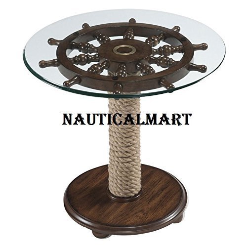 Nautical 36" Ship Wheel Table With Glass Top And Rope Base