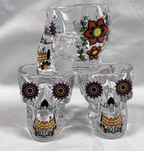3 New Calavera Sugar Skull Shot Glasses 2 oz Colorful Floral - £23.44 GBP