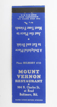 Mount Vernon Restaurant - Baltimore, Maryland 20 Strike Matchbook Match Cover MD - £1.49 GBP