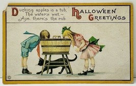 Halloween Greetings Ducking For Apples in a tub Girl Boy Black Cat Postcard F3 - £15.14 GBP