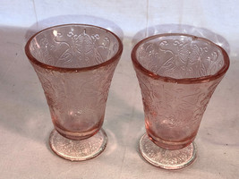 2 Pink Depression Glass Florentine 2 Tumblers 4 Inch Footed Mint - £15.71 GBP