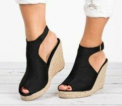 Women&#39;s Wedge Heel Black Flocking Peep Toe Platform Espadrille Sandals S... - £39.01 GBP