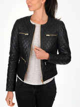 New Women&#39;s Black Quilted Slim Fit Biker Style Moto Real Leather Jacket  - $109.99