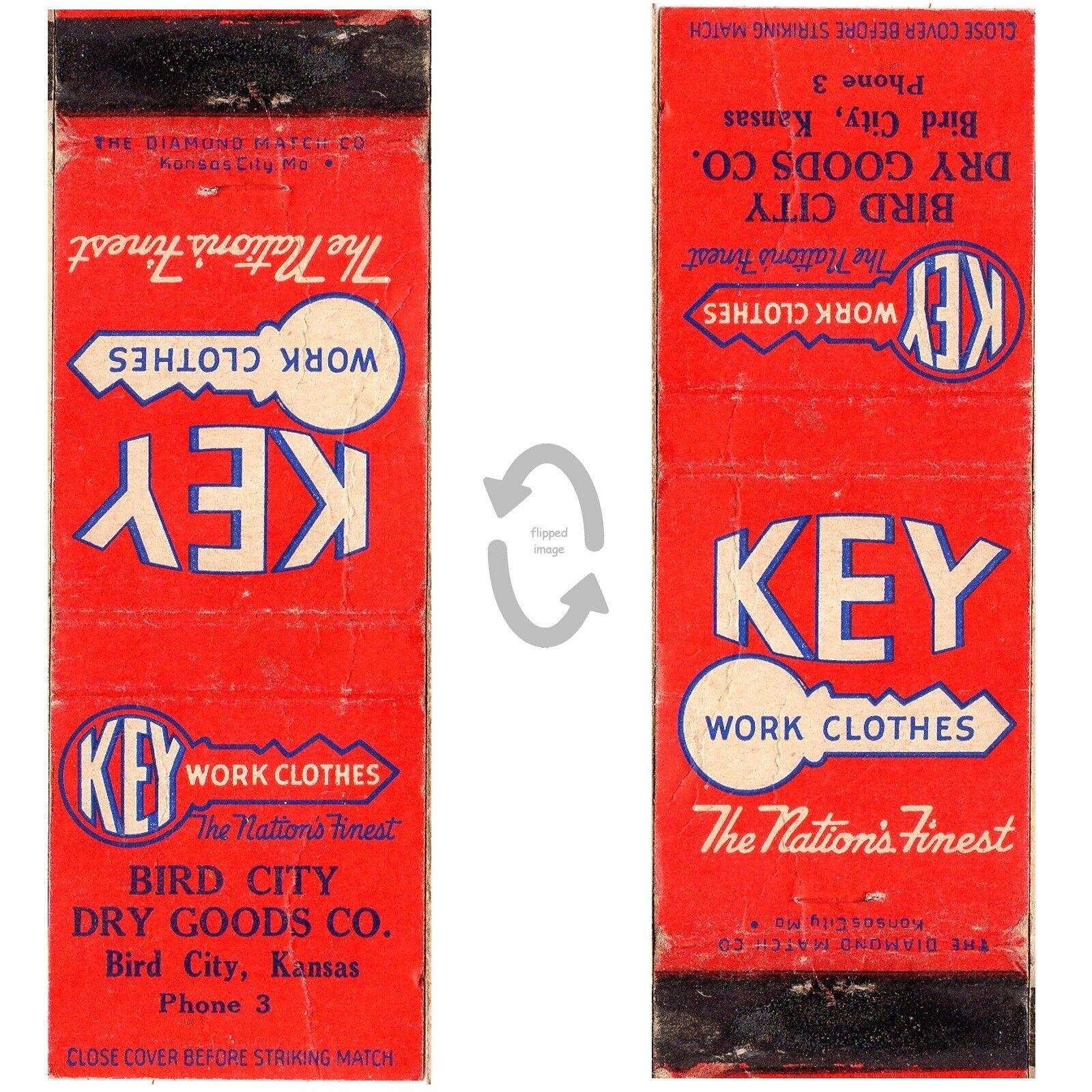 Primary image for Vintage Matchbook Cover Bird City KS Dry Goods Key Work Clothes store 1930s