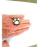 Moonstone Cabochon &amp; Jeweled Rhinestone Ring Size 8-9 Brassy Statement V... - $440.11 MXN