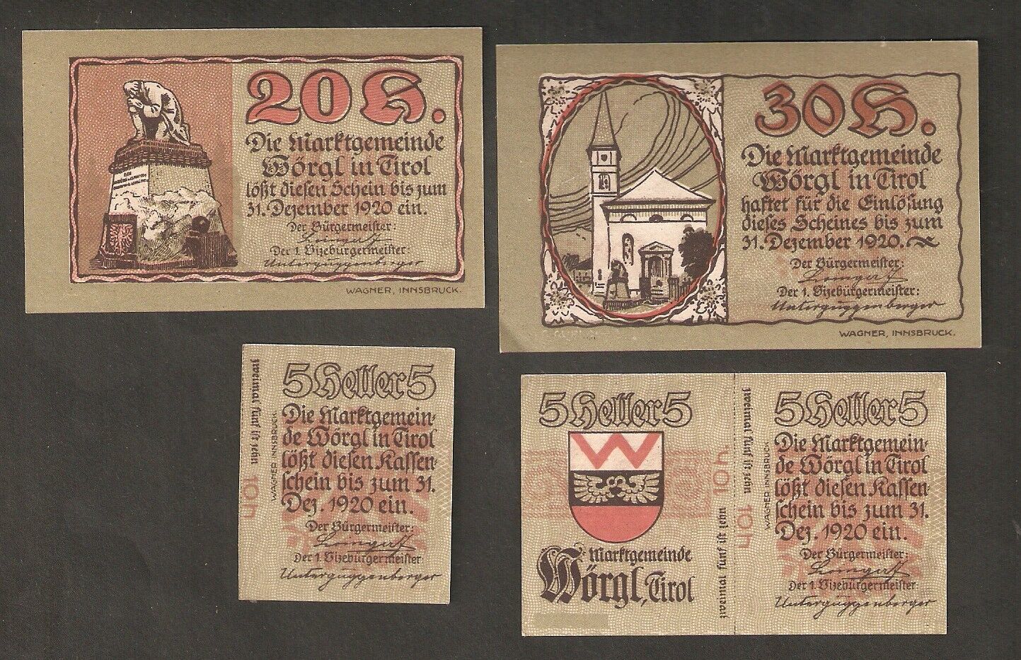 AUSTRIA WORGL in TIROL 40 & 30 & 20 & 10 heller 1920 2 auflage Notgeld banknotes - $14.71