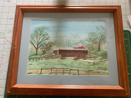 Watercolor Kauffman Covered Bridge framed picture signed By ARE 2000 13.5x16” - £17.74 GBP