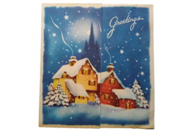 Christmas Greeting Card Vintage Mid Century Modern Snow Covered Home Moo... - $8.90