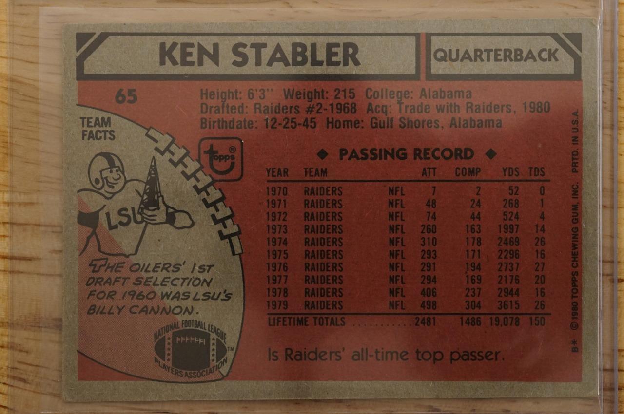 Vintage 1980 Topps Football Trading Card #65 Ken Stabler Houston Oilers HOF Item image 2