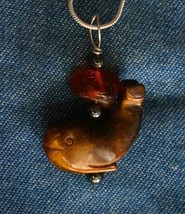 Judy Strobel Carved Tiger&#39;s Eye &amp; Amber Sterling Silver Whale Pendant Ne... - £15.98 GBP