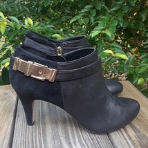 Vince Camuto Buckle Booties High Heel Shoes Black Suede Gold Side Zip Sz 6.5 - £31.92 GBP