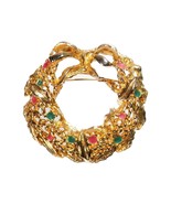 Gold Tone Red Green Enamel Holiday Christmas December Wreath Brooch Pin ... - $184.37 MXN