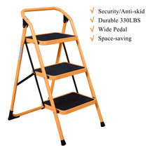3 Steps Ladder Stool Folding Ladder Safety Tread Kitchen Home Use 330Lb Orange - £55.29 GBP