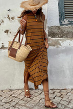Brown Stripe Print Open Back Sleeveless Maxi Dress with Slits - $14.10