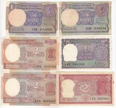 Inde, 1, 2 Rupees Set 6, Tout Différent Signe Old Issues Billets de Banque - $9.26